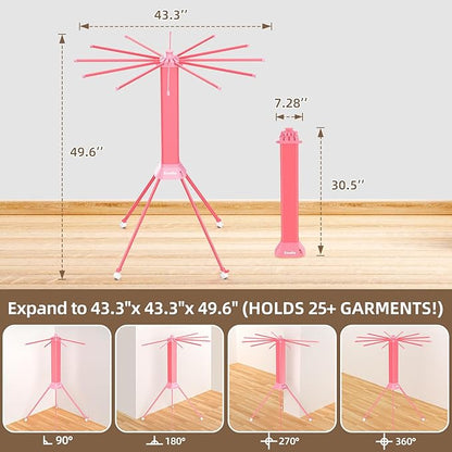 fendia Clothes Drying Rack Foldable & Collapsible Drying Racks with 4-Leg Octopus Design, Large Capacity Space Saving Indoor Drying Rack for Bedroom,Balcony,Laundry for Indoor/Outdoor Use（Pink）