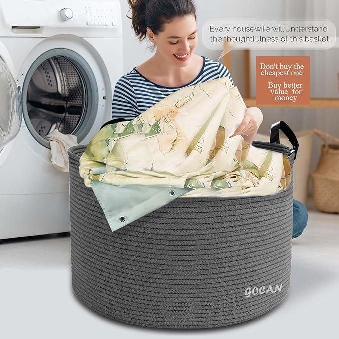 Extra Large Storage Laundry Basket 22" X 22"X 14" Cotton Rope Woven Basket for Blanket Basket with Handles for Living Room Toys Storage XXXL (Dull grey)