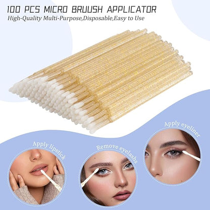 300 PCS Eyelash Extension Supplies Kit, Disposable Micro Applicator,Crystal Eyebrow Spoolie Lash Brush, Lip Gloss Brush, Mascara Wand Applicator(colorful+gold)