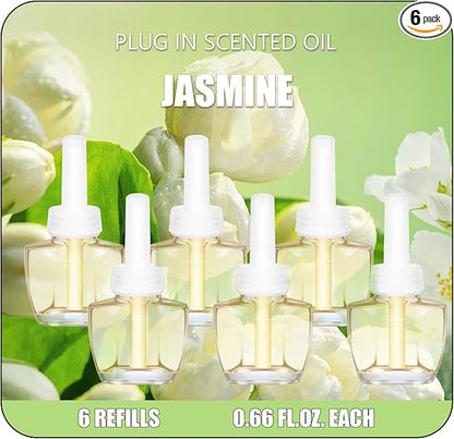Plug In Air Freshener Refills - Jasmine Scent, Wall Plug-In Refills, Home Fragrance, 6 Pack (3.96 Fl Oz), Compatible with Air Wick & Glade, Not Include Glade Plus, for Bathroom, Bedroom, Office