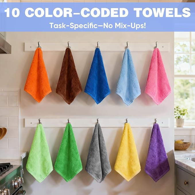 10 Colors Microfiber Cleaning Cloths, 10 Pack Assorted Cleaning Rags, Highly Absorbent Microfiber Towels for Car, Kitchen, Bathroom and Household Cleaning, 11.8"X11.8"
