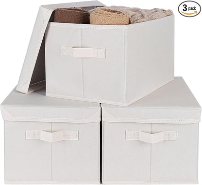 WUIKE 3 Pack Large Fabric Storage Baskets with Cover for Bedroom, Closet Storage Bins with Lids for Clothes, Towel, Blanket, Purse, Hats