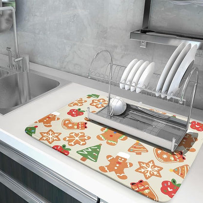 Christmas Dish Drying Mat for Kitchen Counter 18x24 Cute Gingerbread Themed Winter Xmas Holiday Absorbent Reversible Microfiber Drying Mats Kitchen Countertop Protector Dishes Drainer Rack Pad