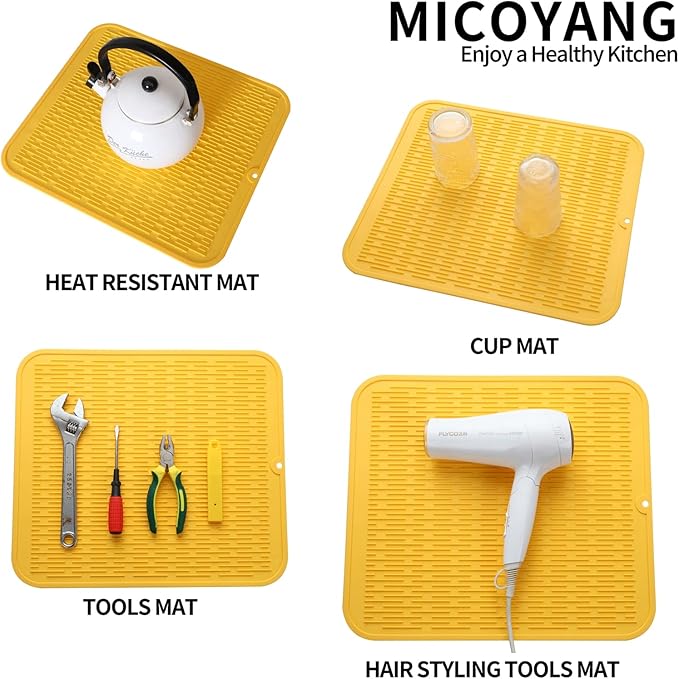 MicoYang Silicone Dish Drying Mat for Multiple Usage,Easy clean,Eco-friendly,Heat-resistant Silicone Mat for Kitchen Counter or Sink,Refrigerator or Drawer Liner Yellow 2XL 24 inches x 18 inches