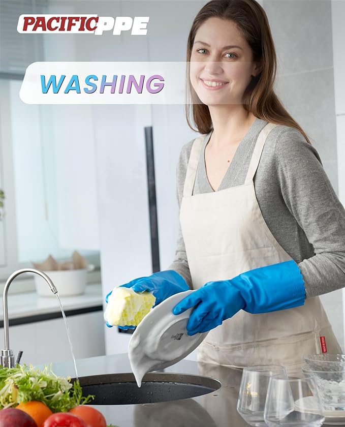 PACIFIC PPE 2 Pairs Dishwashing Cleaning Gloves with Latex free, Cotton lining, Kitchen Gloves (Purple+Blue, Large)