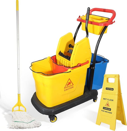 Commercial Cleaning Cart On Wheels, Floor Cleaning Rectangular Mop Bucket with Sturdy Down Press Wringer Combo, 38-Quart, Yellow,ADD One Heavy Duty Mop and Wet Floor Caution Sign（24Inch）