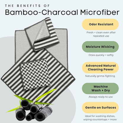 Severn Dish Cloths for Washing Dishes 4pk. Odor-Resistant Dish Rags with Non-Scratch Wire Scrubber Side for Kitchen Cleaning. Grime-Fighting Bamboo-Charcoal Microfiber 2-Sided Dishrags. Machine Wash