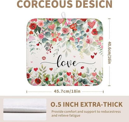 Valentines Day Love Heart Rose Eucalyptus Leaves Dish Drying Mat for Kitchen Counter 16x18 Inch Spring Valentine Microfiber Absorbent Dish Drainer Mats Reversible Drying Pad