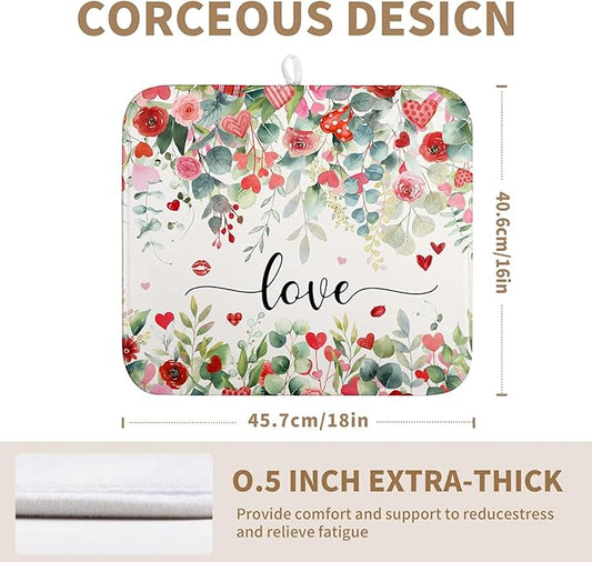 Valentines Day Love Heart Rose Eucalyptus Leaves Dish Drying Mat for Kitchen Counter 16x18 Inch Spring Valentine Microfiber Absorbent Dish Drainer Mats Reversible Drying Pad