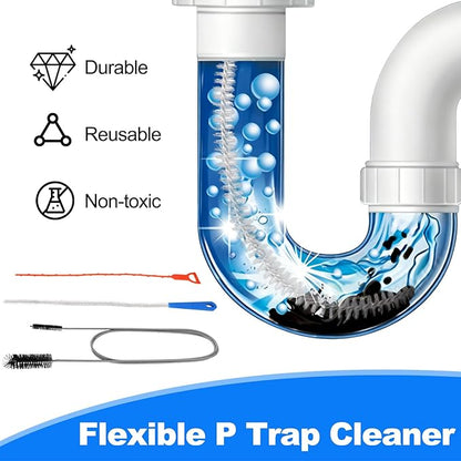 P Trap Cleaner Set,3 IN 1 P Trap Brush for Shower Kitchen Sink Bath Tub Bathroom,Including 20 Inch Drain Snake Remover,61 Inch Flexible Wire Brush,18 Inch All Bristle Brush