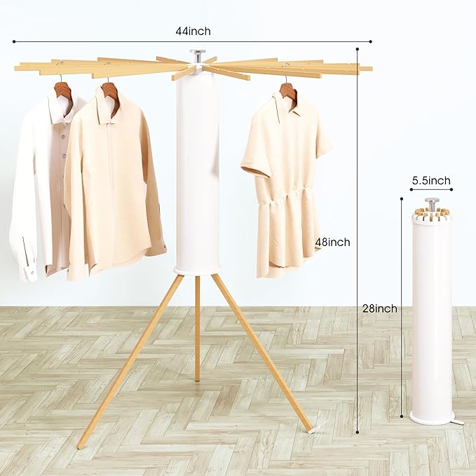 Tripod Clothes Drying Rack, Laundry Drying Rack for Clothing, Foldable Collapsible Space-Saving Umbrella Dryer with 16 Rods, Floor Standing Rack for Indoor Outdoor Use, Wooden