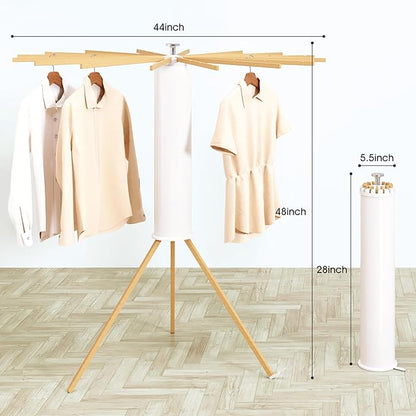 Tripod Clothes Drying Rack, Laundry Drying Rack for Clothing, Foldable Collapsible Space-Saving Umbrella Dryer with 16 Rods, Floor Standing Rack for Indoor Outdoor Use, Wooden