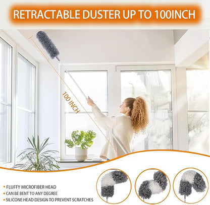 Microfiber Feather Duster Kit, 9PCS Dusters for Cleaning with 100-inch Extendable Pole, Bendable Reusable Washable Cobweb Duster for High Ceilings and Fans, Blinds, Cars and Furniture