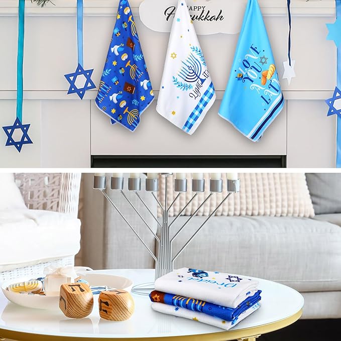 Zubebe 6 Pieces Hanukkah Kitchen Towels Decorations for Home Blue Menorah Gnomes Stars Happy Hanukkah Gift Candlestick Towels Jewish Festival Tea Towel Hand Drying Towel for Cooking Baking