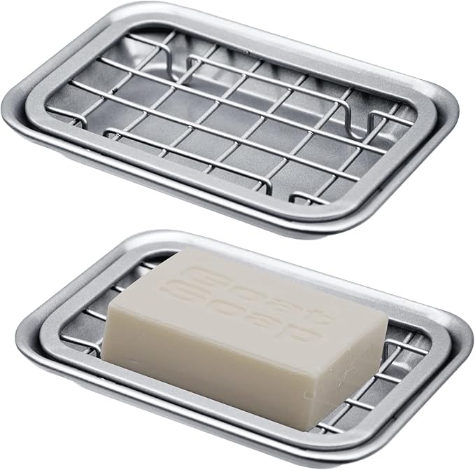 Kitchen and Bathroom Soap Dish Tray - Metal 2-Piece Soap Dish Tray with Drainage Grid and Holder for Kitchen Sink Countertops to Store Soap, Sponges, Scrubbers - Rust Resistant (2 Pack, Silver)