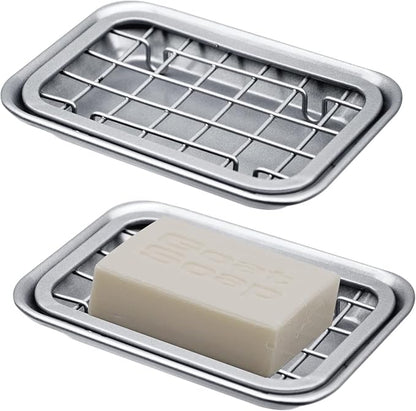 Kitchen and Bathroom Soap Dish Tray - Metal 2-Piece Soap Dish Tray with Drainage Grid and Holder for Kitchen Sink Countertops to Store Soap, Sponges, Scrubbers - Rust Resistant (2 Pack, Silver)