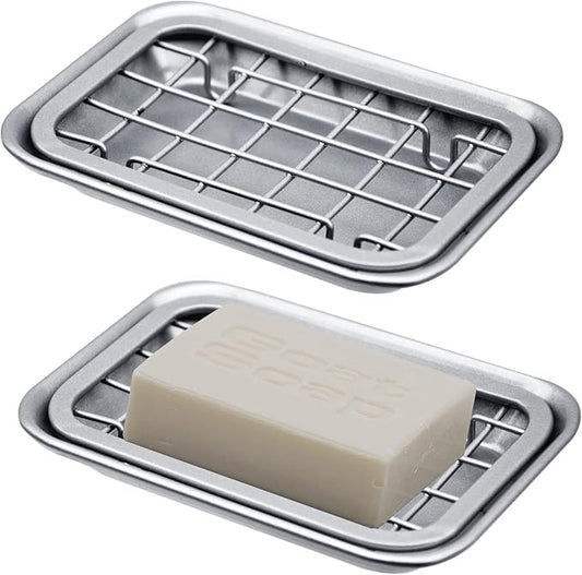 Kitchen and Bathroom Soap Dish Tray - Metal 2-Piece Soap Dish Tray with Drainage Grid and Holder for Kitchen Sink Countertops to Store Soap, Sponges, Scrubbers - Rust Resistant (2 Pack, Silver)