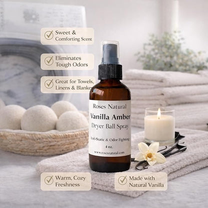 Natural Dryer Ball Spray, 4 oz, Patchouli, Lavender,Essential Oil Laundry Refresher, Fabric Freshener for Clothes, Linens & Wool, Anti-Static & Odor Neutralizer, Made in the USA (Vanilla Amber)