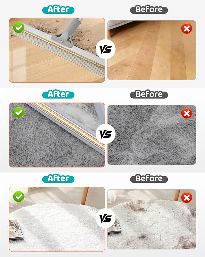 Carpet Rake for Pet Hair Removal, Reusable Pet Hair Remover Tool with 54 Inch Adjustable Long Handle, 3 Piece Carpet Scraper Set with Pet Bath Brush for Rugs, Couch, Furniture and Stairs