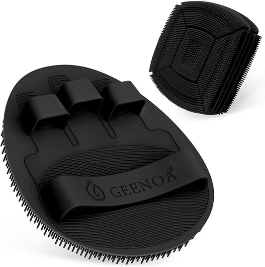 Silicone Body & Face Scrubber Set, 360° Anti-Slip & Hand-fit Silicone Shower Scrubber for Rich Foaming Deep Cleaning, Unique Facial Scrubber with Side-bristles for Contoured Areas.(Black)