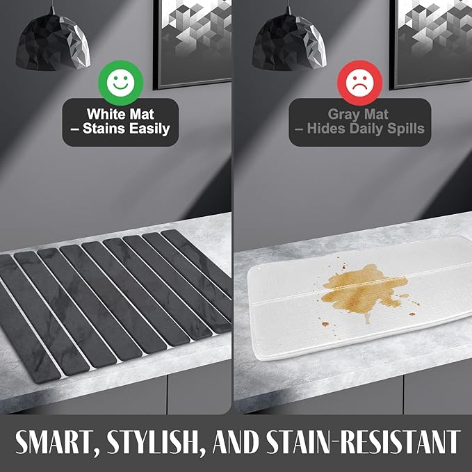 2 PCS Large Stone Dish Drying Mat for Kitchen Counter, 24"×16" Marble Dish Drying Mat with 8"x 4" Coasters, Non - Slip Collapsible Absorbent Mat for Multi - Purpose, Match Any Countertop【Dark Gary】
