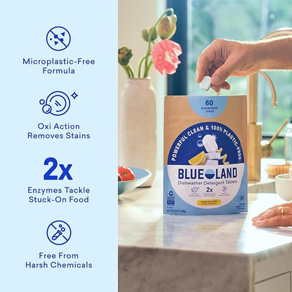 BLUELAND 100% Plastic-Free Dishwasher Detergent Tablets, Starter Set, 60 Count with tin, Lemon Zest, Eco-Friendly Dishwashing Pods, Natural, USDA Certified biobased