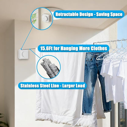 Retractable Clothesline Indoor & Outdoor, 16.2 Feet Stainless Steel Washing Line, Non-Sagging Wall Mounted Heavy Duty Laundry Line, Easy Installation Space-Saving Clothing Dry Rack (White)