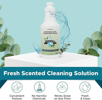 Steam and Go Demineralized Water - Multi-Surface Cleaning Solution for Steam Mop, Ready-to-Use Floor Cleaner, Ideal for Home & Office, Compatible w/Any Steam Mop - Eucalyptus Mint, 32oz, Pack of 12