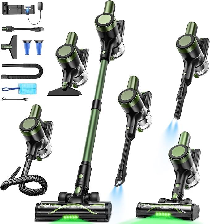 Cordless Vacuum Cleaner,58kPa/10-in-1 Stick Vacuum with 29-inch Hose and LED Lighting Brush,55Mins Runtime Vacuum Cleaner for Home,Self-Standing Vacuum with Anti-Tangle Brush for Pet Hair/Carpet/Floor