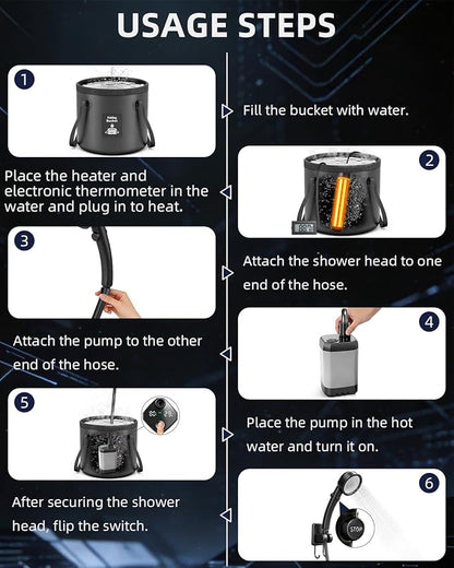 2026 Upgraded Portable Shower with Heater for Camping, 6000mAh Rechargeable Camping Shower Pump with LED Display, 3 Spray Modes 5 Gal Foldable Bucket, Outdoor Shower for Travel RV Pet Bath Car Washing