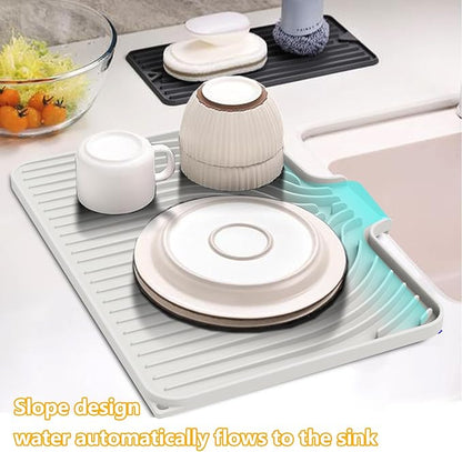 Silicone Drying Mat for Kitchen Counter , Dish Drying Rack Matt with Built in Drain, 18 Inch Dry Mats for Dishes Drying Pad for Kitchen Counter (18×12inch, white)
