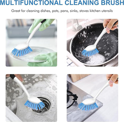 SetSail Dish Brush with Handle, 2 Pack Stiff Bristles Dish Scrubber with Built-in Scraper Dish Scrub Brushes for Cleaning Dishes, Pots and Pans, Kitchen Sink