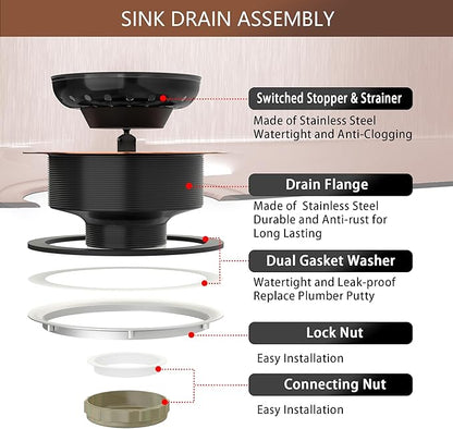 Kitchen Sink Drain Copper 3-1/2 Inch Stainless Steel Kitchen Drain Strainer Assembly Kit with Strainer Basket and Drain Stopper for Standard Sink Drains Antique Copper