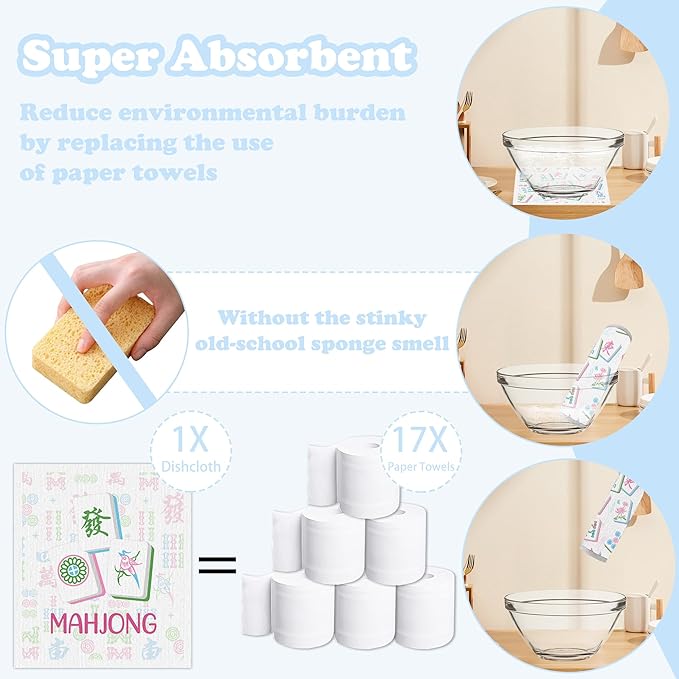 Mahjong Swedish Dishcloths for Kitchen, 6 Pack Mah Jongg Cocktail Swedish Dish Cloths for Washing Dishes, Reusable Washable Absorbent Dish Towels for Home Kitchen Cleaning Quick Drying