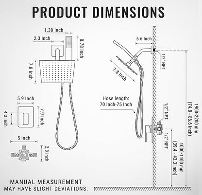All Metal Shower Faucet Set, Dual Square Shower Head System with Handheld Wand, Diverter, Hose Complete Combo, Pressure Balance Rough-in Valve Included(Brushed Nickel)