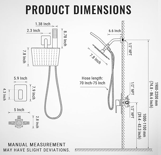 All Metal Shower Faucet Set, Dual Square Shower Head System with Handheld Wand, Diverter, Hose Complete Combo, Pressure Balance Rough-in Valve Included (Matte Black)