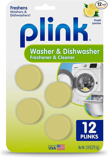 Plink Washing Machine and Dishwasher Cleaner and Freshener, Prevents Residue and Removes Odors in Kitchen and Laundry Room Appliances, Septic-Friendly, Made in the USA, Lemon Scent, 12 Tablets