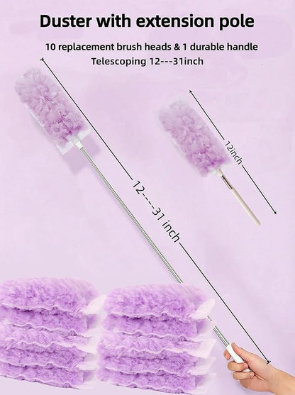 Heavy Duty Duster Refills, Disposable Dusters Kit for Cleaning Dusting Furniture Blind Ceiling Fan, Multi Surface 360 Feather Duster(10)+3FT Extended Handle（1） (pueple)