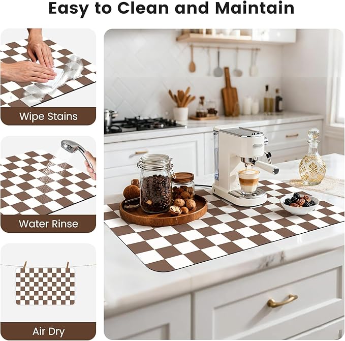 17" x 32" Checkered Dish Drying Mat for Kitchen Counter, Absorbent Coffee Bar Mat for Espresso Machine Coffee Countertops Accessories (Coffee Brown)
