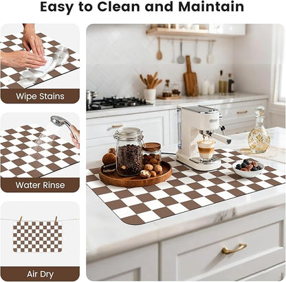 17" x 32" Checkered Dish Drying Mat for Kitchen Counter, Absorbent Coffee Bar Mat for Espresso Machine Coffee Countertops Accessories (Coffee Brown)