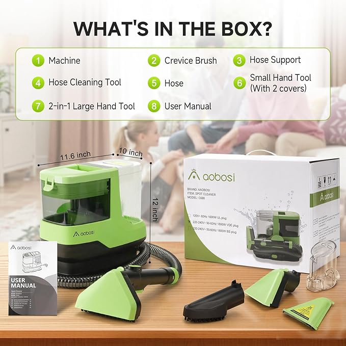 AAOBOSI Portable Carpet Cleaner Machine, 17Kpa Upholstery Steam Cleaner with Smart Voice Prompting, Self-cleaning, 4 Tools for Pets, Car, Couch and Stairs- C688, Green