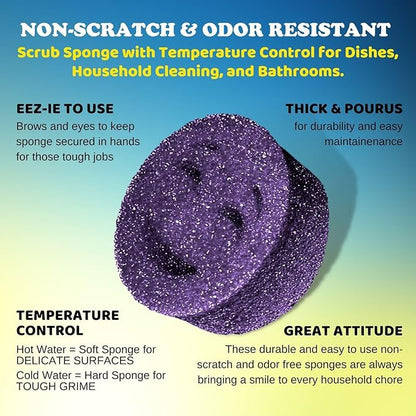 The Original Scrub Moji Scrubbing Sponge by Smilyeez (Set of 3) - Purple - Temperature-Responsive Polymer Foam, Stain and Odor Resistant, Ideal for Kitchen and Bathroom Cleaning