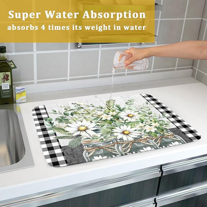 Spring Daisy Floral Dish Drying Mat for Kitchen Counter Watercolor Flowers Absorbent Dishes Drainer Rack Mat 18x24 Inch Microfiber Dish Drying Pads Spring Kitchen Drying Dishes Pad for Countertops