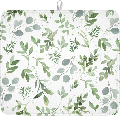 Spring Summer Sage Green Leaves Dish Drying Mat 16 x 18 Inch Spring Eucalyptus Leaf Dish Drainer Rack Mat Absorbent Microfiber for Holiday Kitchen Coffee Dining Bar Decor