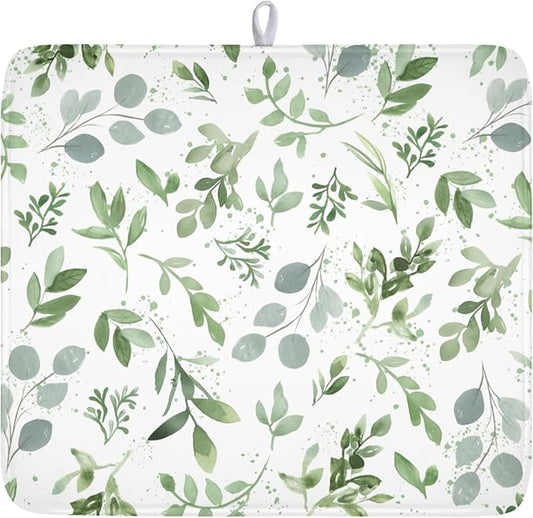 Spring Summer Sage Green Leaves Dish Drying Mat 16 x 18 Inch Spring Eucalyptus Leaf Dish Drainer Rack Mat Absorbent Microfiber for Holiday Kitchen Coffee Dining Bar Decor