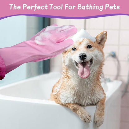 Silicone Pet Bathing Gloves with Finger Toothbrush – 2-in-1 Grooming & Deshedding Gloves for Cats, Dogs, Rabbits – Extended Design for Easy Cleaning & Massage(Pink)