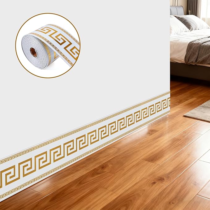 Peel and Stick Wallpaper Borders, Self-Adhesive Waterproof PVC Foam Wall Base for Kitchens, Living Rooms, Bedrooms and Bathrooms, 3.93" x 196.8" 1 Roll (Golden)