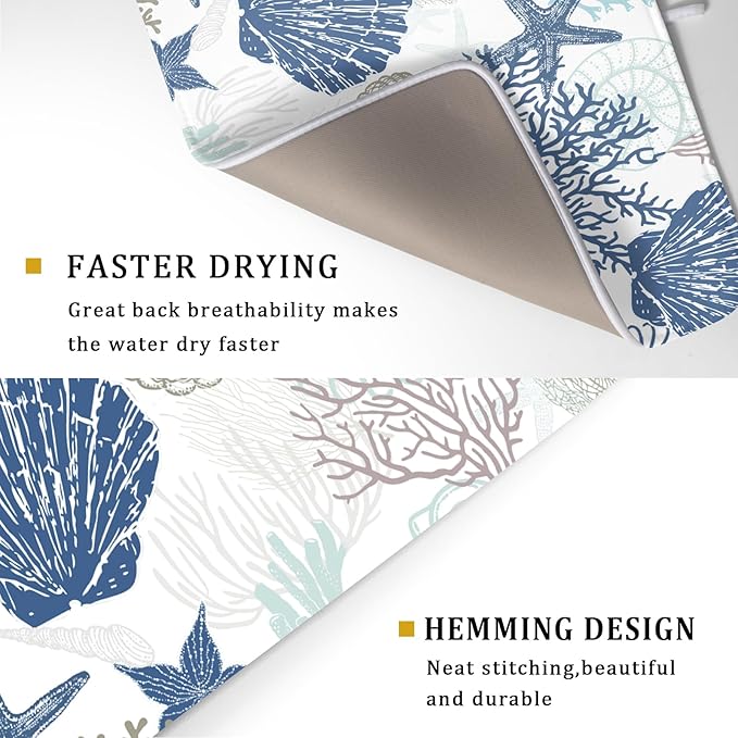Summer Navy Blue Dish Drying Mat for Kitchen Counter 18×24 Inch Coral Drainer Pad Washable Starfish Dish Rack Pad Drainer Mat Beach Absorbent Reversible Microfiber Dish Drying Pad for Coffee Bar