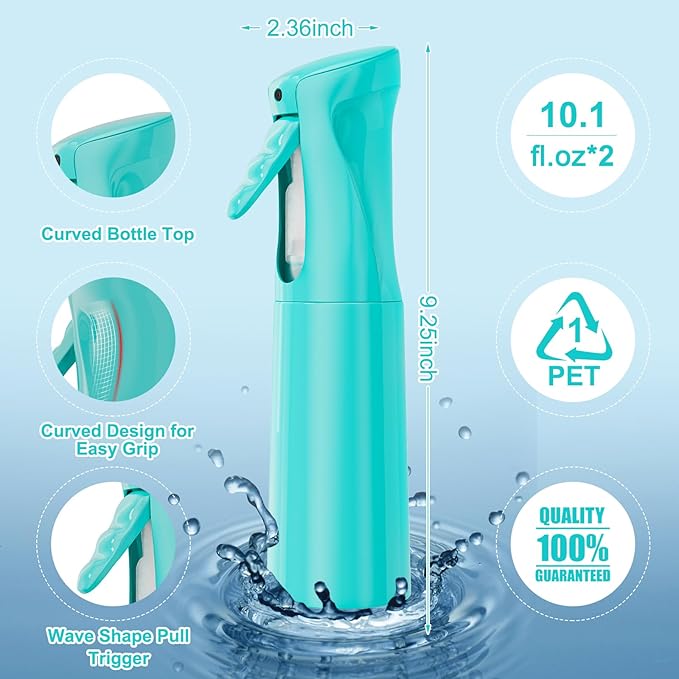 IMPORX Continuous Spray Bottle for Hair 2 Pack (10.1oz/300ml) Home Essentials Spray Bottles for Cleaning Empty Ultra Fine Water Mister Sprayer for Hairstyling Garden Plants Curly Hair Perfume, Cyan