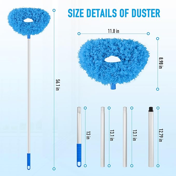 Blue Ceiling Fan Duster - Extended Fan Blade Cleaner, Reusable Microfiber, Adjusts 13 to 55 Inch for Cleaning Walls, Cobweb, Door, Window Top